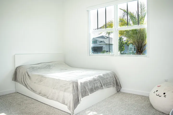 Neutral-toned wall-to-wall carpeting and large window with muntin detailing