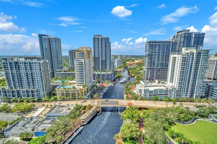 Aerial perspective of a high-density urban corridor featuring a central waterway, bridge infrastructure, mature landscaping, and numerous mid-rise and high-rise structures