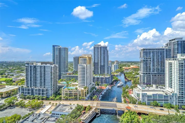 Aerial perspective featuring an urban skyline, high-rise architecture, a waterway, and bridges