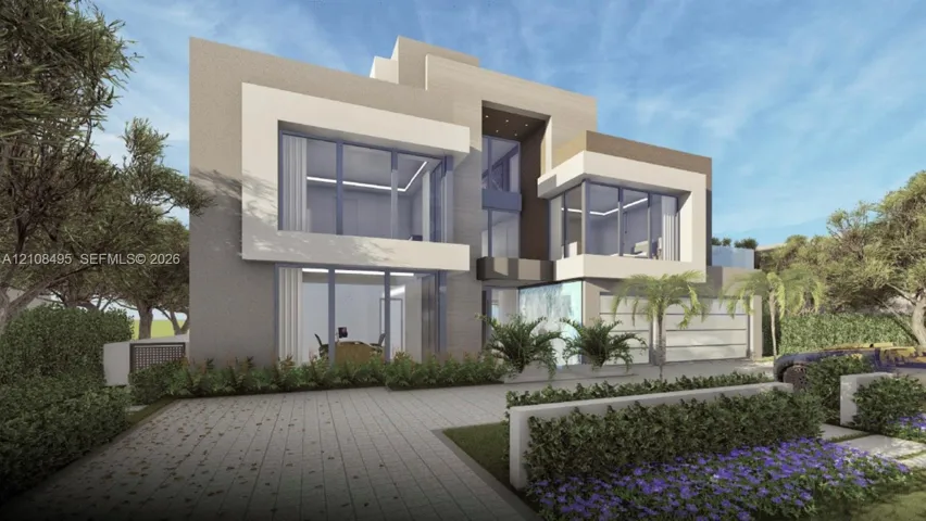 Modern architectural exterior featuring a multi-level facade, expansive floor-to-ceiling windows, integrated recessed lighting, stone-paver driveway, and professional landscape design