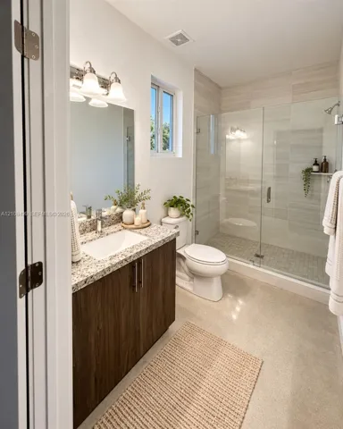 Bathroom featuring a vanity with wood-finish cabinetry, stone countertop, integrated sink, and glass-enclosed shower with tiled surround