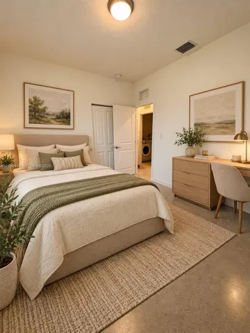 Neutral-toned room featuring polished concrete flooring, white walls, and a recessed ceiling light fixture