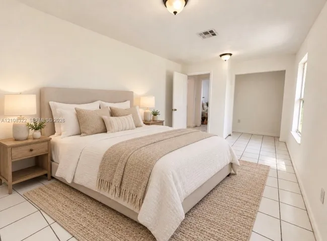 Neutral-toned interior space featuring light-colored ceramic tile flooring, dual flush-mount ceiling light fixtures, and natural light via a single-pane window