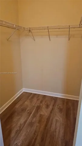 Walk-in storage space featuring wood-finish flooring and integrated wire shelving