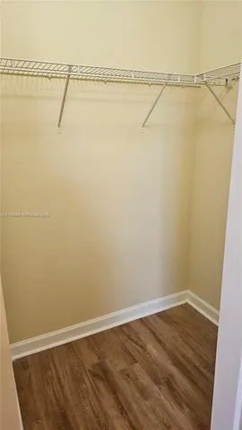 Walk-in storage featuring wood-finish flooring and integrated wire shelving