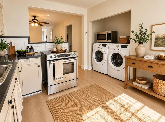 Kitchen featuring stainless steel slide-in range, wood-finish flooring, white square-tile backsplash, and integrated laundry alcove