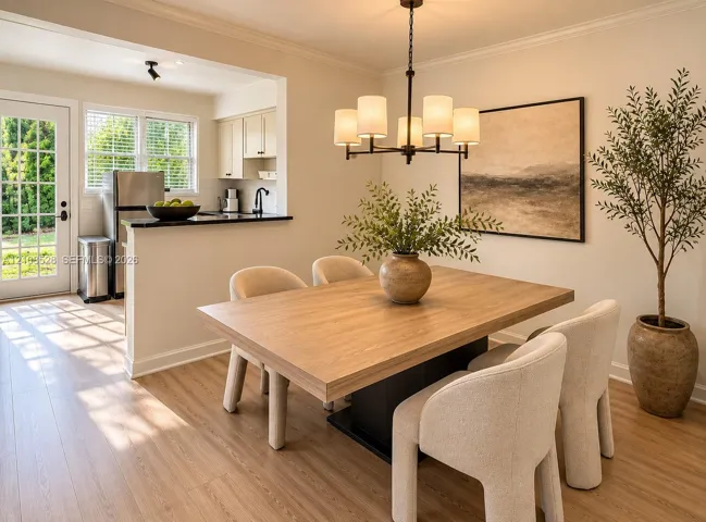 Dining area featuring wood-finish flooring, a contemporary five-light chandelier, and a breakfast bar with stone-finish countertops