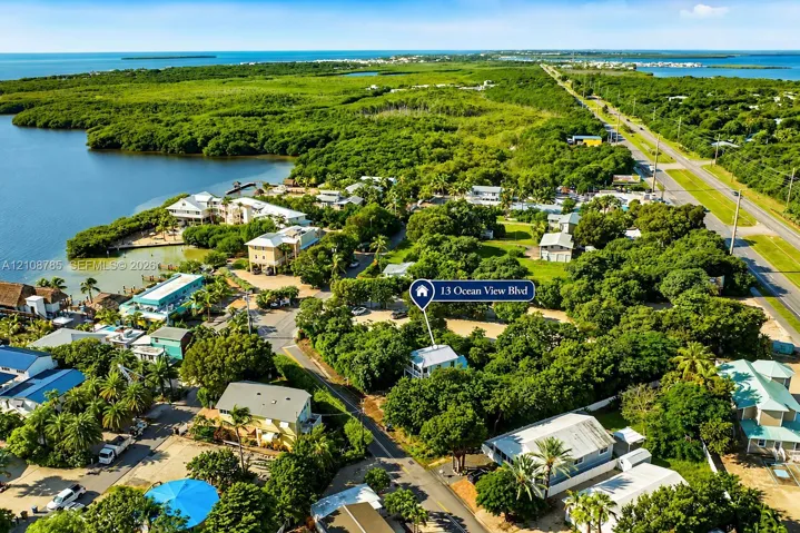 Aerial perspective of a property featuring extensive mature tree canopy, proximity to open water, and immediate access to a paved coastal roadway
