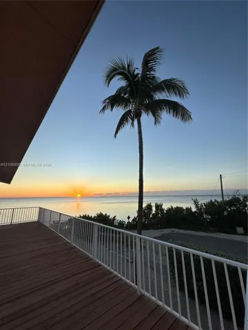 Elevated deck featuring wood-finish flooring, white metal railing, and ocean horizon