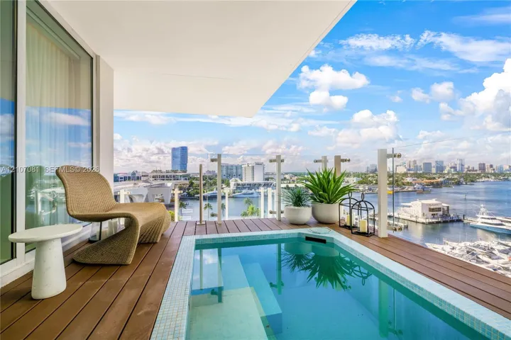 Covered balcony featuring an inset plunge pool, wood-finish decking, and a glass-paneled railing
