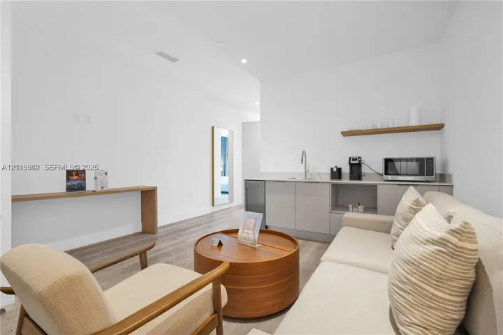 Kitchenette featuring light gray flat-panel cabinetry, a stainless steel sink, a high-arc faucet, a floating wood-finish shelf, and light wood-finish flooring