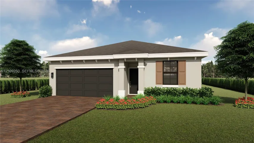 Single-story exterior featuring a paver driveway, covered entryway with decorative columns, multi-pane window with louvered shutters, and a multi-car garage
