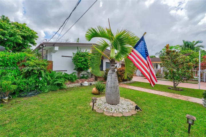 Manicured lawn featuring a specimen palm tree with decorative stone bedding, low-voltage path lighting, and concrete paver walkway