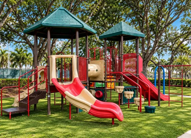 Outdoor playground structure featuring multi-level platforms, dual slide components, climbing stairs, and structural pillars on a manicured lawn
