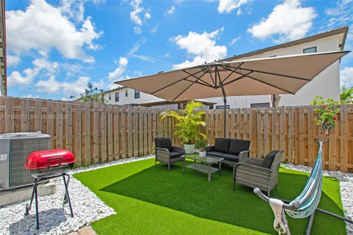 Fenced rear outdoor space featuring synthetic turf, decorative white stone ground cover, and a concrete equipment pad