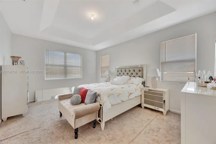 Bedroom featuring a tray ceiling, neutral wall tones, plush wall-to-wall carpeting, and multiple windows with integrated blinds