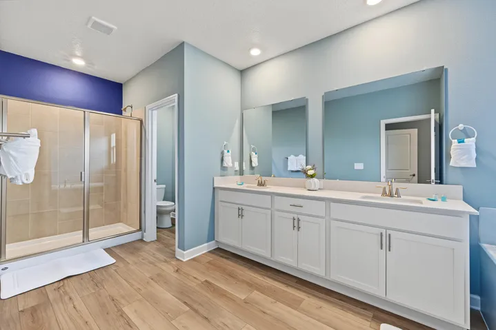 Dual-sink vanity with white cabinetry and solid-surface countertops, walk-in shower with glass enclosure, and vinyl wood-finish flooring