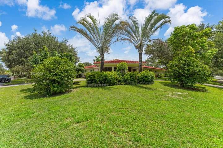 Exterior facade featuring a terracotta tile roof, mature palm trees, manicured hedges, and a grass lawn