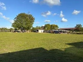 Expansive acreage featuring a level grass field, mature trees, and a covered open-air structure