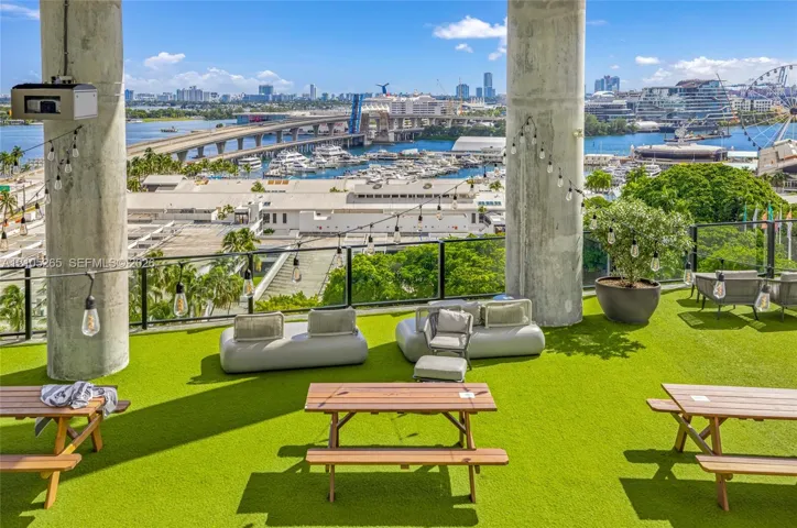 Rooftop terrace featuring synthetic turf flooring, exposed structural concrete pillars, and a glass panel railing