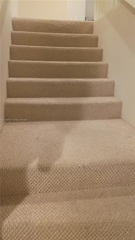 Staircase featuring neutral-toned textured wall-to-wall carpeting