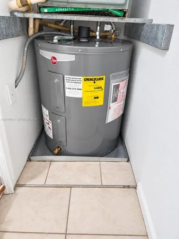 Electric water heater unit situated within a tiled containment pan