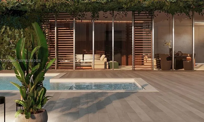 Outdoor area featuring wood-finish decking, a built-in swimming pool, floor-to-ceiling glass panel walls, and horizontal wood-slat privacy screens