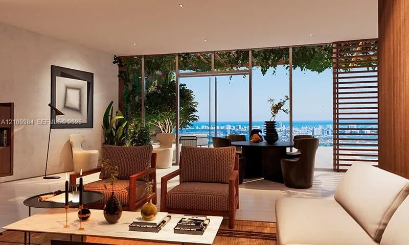 Floor-to-ceiling glass walls, recessed lighting, wood-slat privacy screen, and expansive outdoor terrace