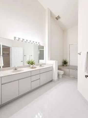 Double vanity featuring light-gray toned cabinetry, dual drop-in sinks, a large wall-spanning mirror, and high vaulted ceilings with a glass-enclosed shower and tub combination