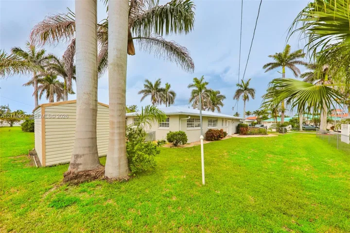 Expansive grass lawn featuring mature palm trees and a detached metal storage structure