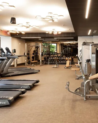 Fitness center featuring multiple treadmills, resistance training equipment, free weights, textile flooring, and decorative flush-mount lighting fixtures