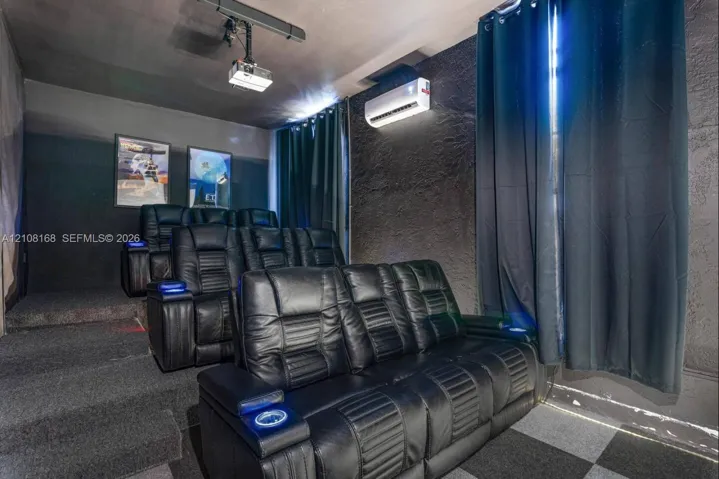Multi-level tiered platform flooring, dedicated ceiling-mounted projection system, and wall-mounted climate control unit