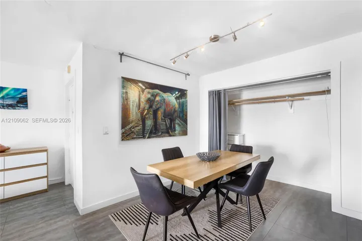 Wood-finish flooring, adjustable track lighting, and a reach-in closet with built-in shelving and a clothing rod