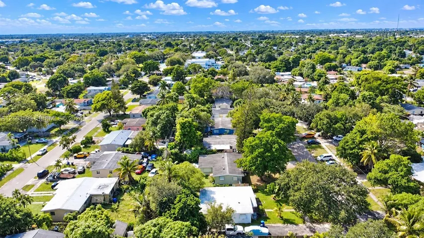 Aerial perspective of a suburban neighborhood featuring mature canopy trees, established residential lots, paved street grids, and palm foliage