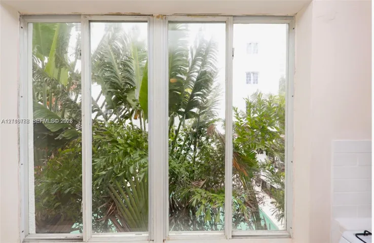 Large multi-pane window with white frames, white subway tile backsplash, and tropical foliage exterior