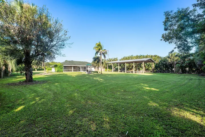 Expansive backyard featuring a sprawling lawn, mature trees, open-air metal carport, and screened rear patio