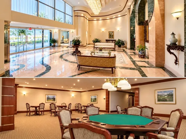 Grand lobby featuring floor-to-ceiling windows, polished stone flooring with decorative inlay, and recessed ceiling lighting, complemented by a secondary recreation area with wood trim and recessed lighting