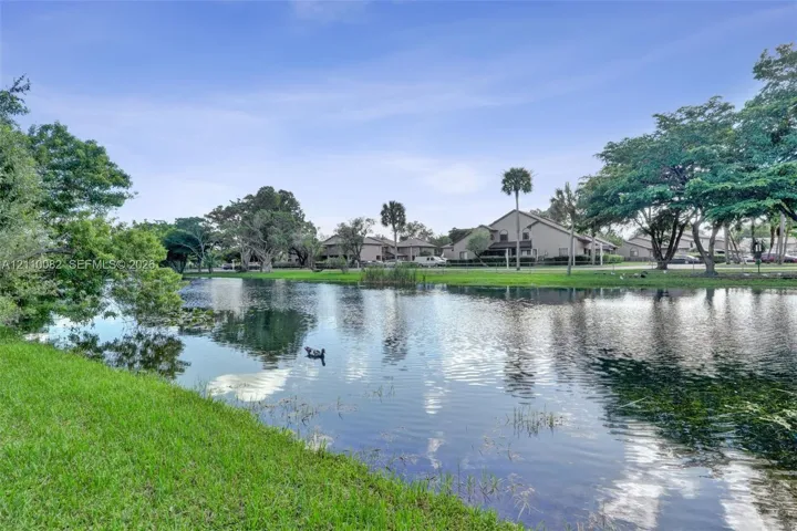 Waterfront lot featuring a landscaped grass perimeter, mature trees, and natural vegetation