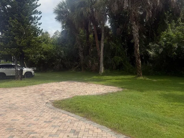 Paver driveway with a multi-toned stone pattern, surrounding turf grass, and mature palm trees