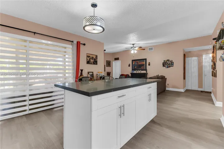Kitchen island featuring a dark stone-finish countertop and white cabinetry with brushed metal hardware, wood-finish flooring, and a decorative drum pendant light
