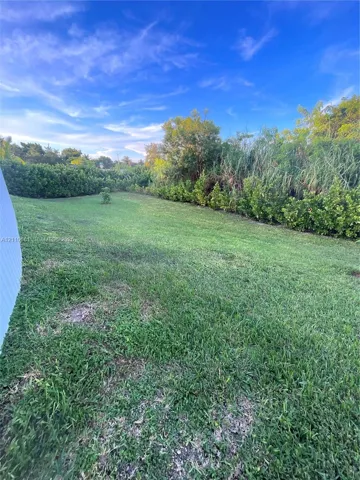 Expansive backyard featuring a grass lawn and mature hedge perimeter