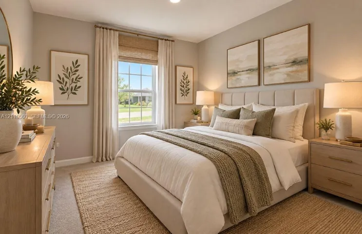 Neutral-toned interior space featuring soft wall colors, carpeted flooring, and a single-hung window with multi-pane glazing