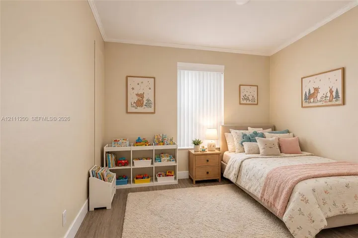 AI Generated Neutral-toned bedroom featuring crown molding, wood-finish flooring, and a window with vertical blinds