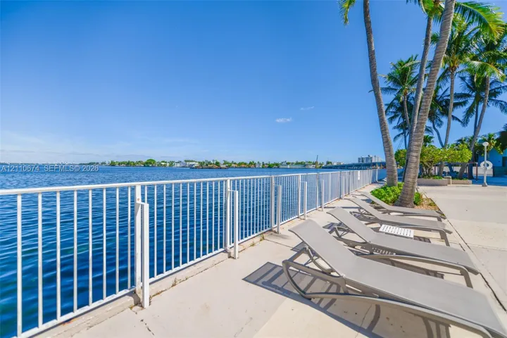 Waterfront terrace featuring a concrete deck, white metal railing, and mature palm trees