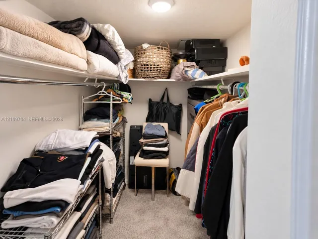 Walk-in storage space featuring wrap-around shelving, a metal hanging rod, and ceiling-mounted lighting