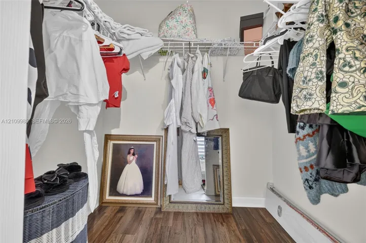 Walk-in closet featuring wood-finish flooring and wire shelving