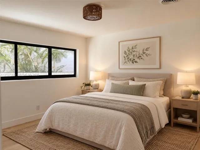 Neutral interior featuring wood-finish flooring, a black-framed window, and a woven flush-mount ceiling fixture