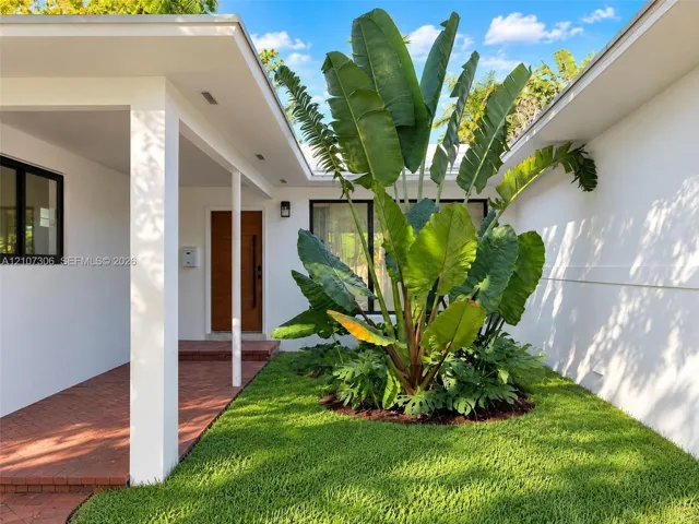Courtyard entryway featuring a red brick floor, white stucco exterior walls, a natural wood-finish front door, and mature tropical landscaping