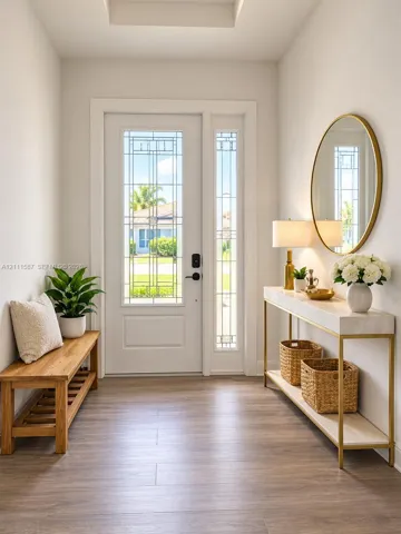 Entryway featuring wood-finish flooring, a recessed tray ceiling, and a white exterior door with integrated geometric glass paneling and a side light