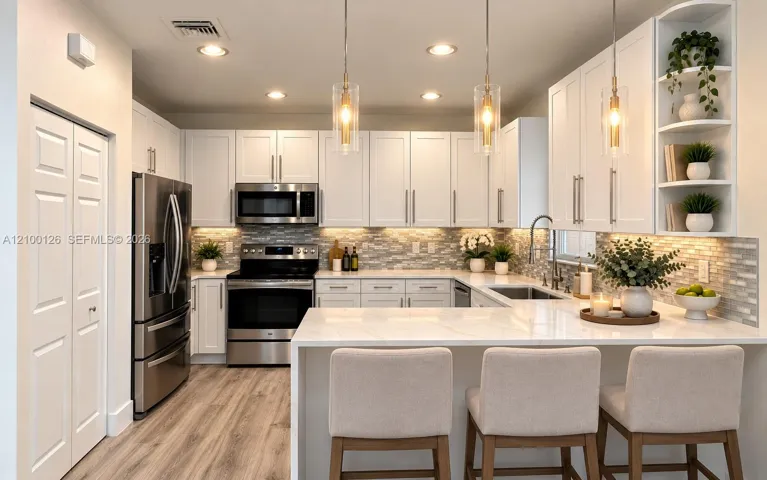 Kitchen featuring white shaker cabinetry, stainless steel appliances, stone-look countertops, glass pendant lighting, and wood-finish flooring
